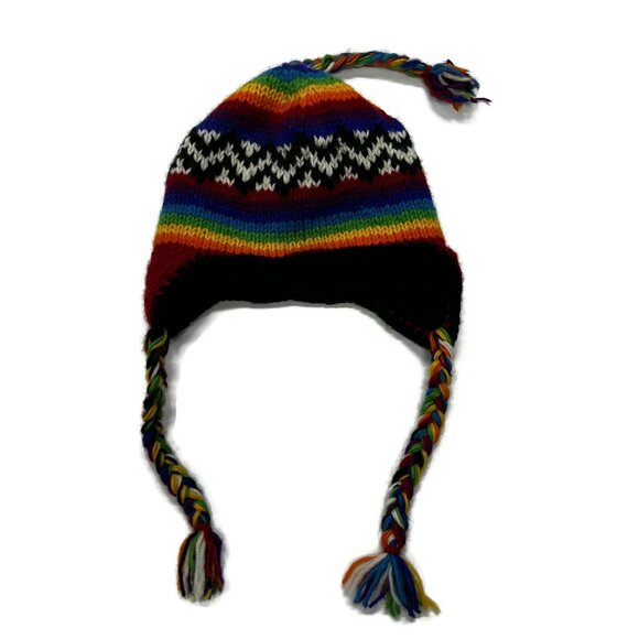 Cold Winter Multicolor Hat Nepal Beanie Rainbow Pigtails Wool Knit Stripe - Picture 1 of 6